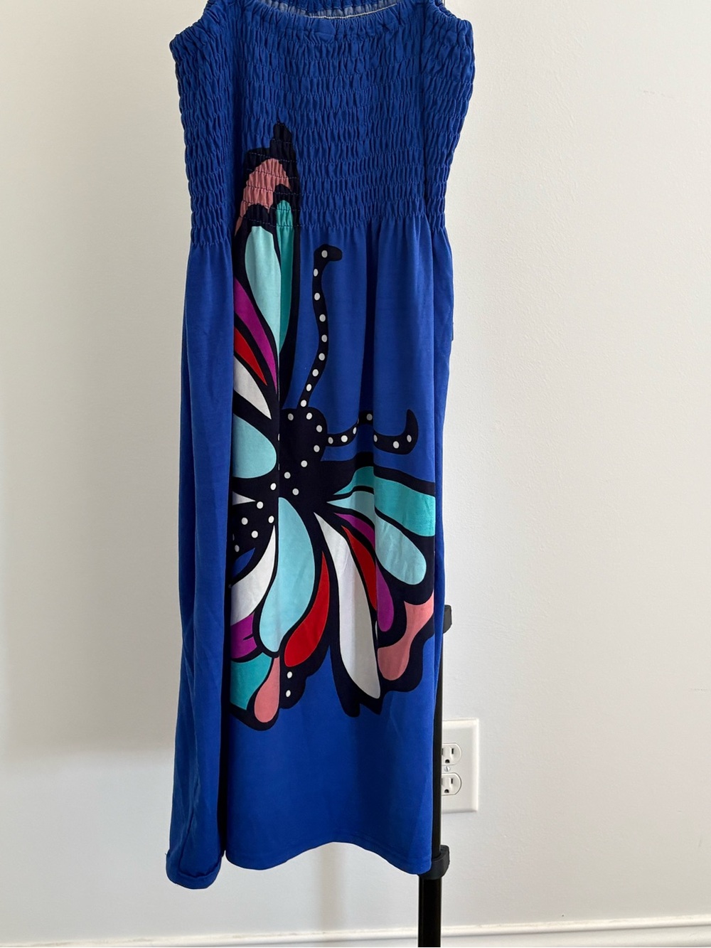India Boutique Blue Textured Fabric with Bright Butterfly Design Smocked at top